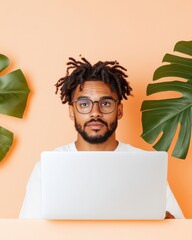 Fototapete - Minimalist Workspace Harmony Gen Z Creative Professional Embracing Biophilic Design with Sleek Laptop and Tropical Monstera Aesthetic - Remote Work Inspiration