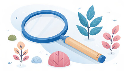 Aufkleber - 3D rendered minimal style magnifying glass with wooden handle is surrounded by colorful abstract leaves, creating whimsical and modern design