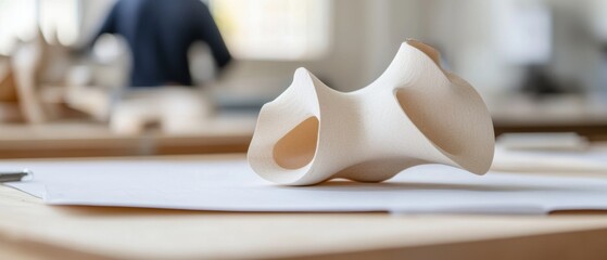 Aufkleber - Minimalist Architectural Design Process Organic Ceramic Prototype on Drafting Table - Innovative Professional Workspace Exploring Parametric Form and Creative Problem-Solving