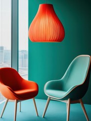 Poster - Bold Color-Block Design Sculptural Minimalist Office Seating with Organic Pendant Lighting - Contemporary Workspace Innovation for Creative Collaboration