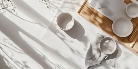 Aufkleber - Serene Minimalist Wellness Aesthetic Natural Bamboo Serving Tray with Soft Neutral Ceramics - Mindful Living and Contemporary Home Styling