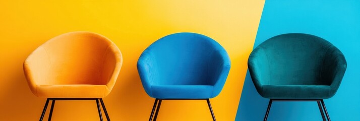Poster - Modern Workspace Color Psychology Minimalist Ergonomic Chairs in Vibrant Geometric Staging - Creative Design Innovation for Corporate Environments