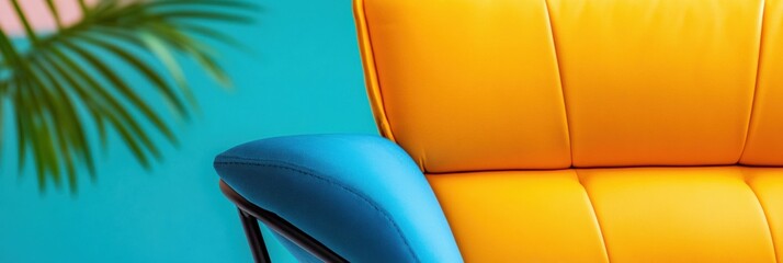 Aufkleber - Vibrant Hybrid Workspace Design Minimalist Blue Chair and Sunny Yellow Sofa in Contemporary Collaborative Office Setting - Inspiring Workplace Wellness and Creative Productivity