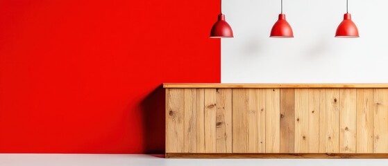 Aufkleber - Minimalist Industrial Kitchen Design Bold Red Modern Interior with Warm Wood Textures - Contemporary Workspace Aesthetic for Creative Professionals and Lifestyle Brands
