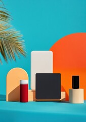 Poster - Minimalist Digital Nomad Workspace Vibrant Geometric Design with Tropical Palm, Sleek Tech and Bold Color Blocking - Creative Remote Work Aesthetic