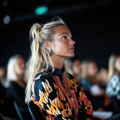 Aufkleber - Immersive Professional Insights Millennial Female Attendee in Bold Abstract Print Blazer Capturing Innovative Conference Moment with Attentive Engagement