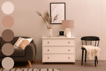 Poster - Stylish living room with furniture and decor. Interior design with matching color palette