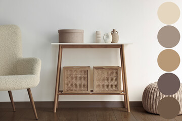 Poster - Stylish living room with console table and other furniture. Interior design with matching color palette
