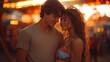 © Wilker - Close-up portrait of a young couple embracing at a carnival or fairground at night. The background is heavily blurred with bright, colorful bokeh lights from the carnival rides and attractions,