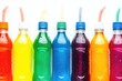 Row of colorful plastic bottles with straws