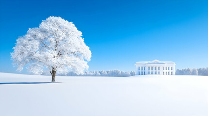 snowy landscape with a frost-covered tree and a white building in the distance under a clear blue sk