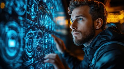 Focused individual interacting with futuristic interface