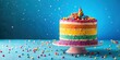 © ทองขาร พอใจ - Vibrant colorful birthday cake with a slice on a blue background adorned with sparkly sprinkles and edible decorations, playful