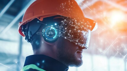 Wall Mural - a smart helmet for construction workers, construction site with worker wearing helmet equipped with 