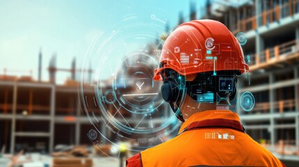 Wall Mural - a smart helmet for construction workers, construction site with worker wearing helmet equipped with 