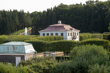 Aufkleber - Elegant buildings surrounded by lush greenery at Peterhof in summer, showcasing the beauty of Russian palatial architecture and gardens