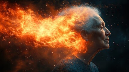 Wall Mural - an elderly woman's head explodes, glowing energy radiating against a dark background, representing d