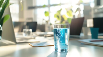 Wall Mural - a smart hydration reminder system, office with user receiving hydration notifications, health-tech s