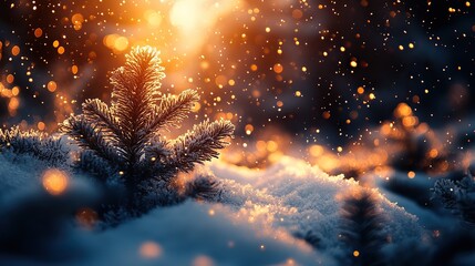 Wall Mural - at dawn, golden particles drift gracefully over snowy ground in a majestic pine tree filled winter f