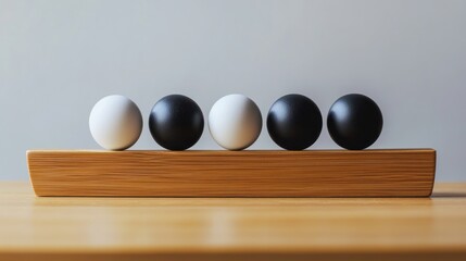 Poster - Five spheres, black and white, balanced on a wooden stand.