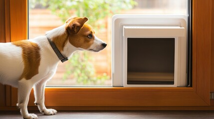 Wall Mural - a smart pet door with facial recognition, home with dog using pet door, pet-tech style