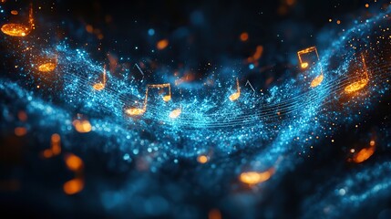 Wall Mural - dark background, flowing turquoise music notes create a captivating visual of musical rhythm, harmon