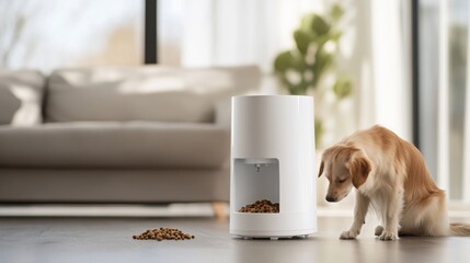 Wall Mural - a smart pet feeder, living room with pet using automated feeder to get meals on schedule, pet-tech s