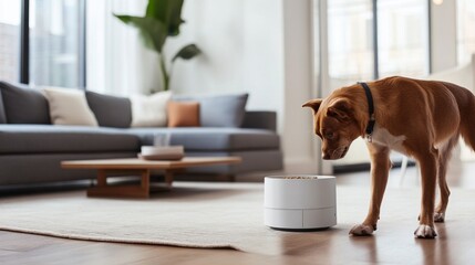Wall Mural - a smart pet feeder, living room with pet using automated feeder to get meals on schedule, pet-tech s