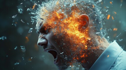 Wall Mural - exploding glass shards from a businessman's headrepresent stress, burnout, information overload, mig