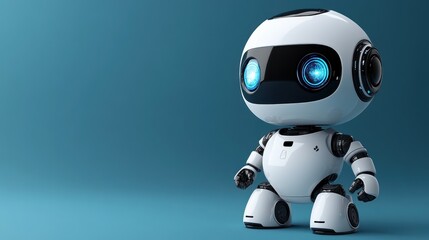 Poster - Friendly white robot with blue glowing eyes on teal background.