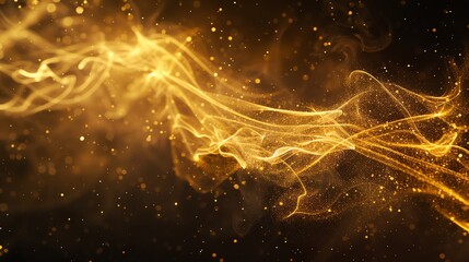 Wall Mural - abstract background with swirling gold smoke and sparkles against a black background.
