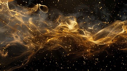 Wall Mural - abstract golden waves with sparkles against a black background.