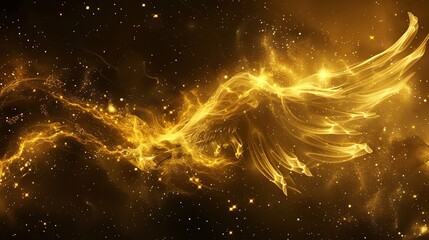 Wall Mural - Abstract gold light in swirling patterns on a black background with tiny gold stars.