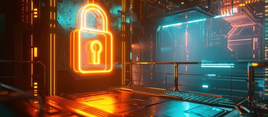 Wall Mural - neon padlock in futuristic server room.
