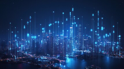 Aufkleber - Futuristic city skyline at night with digital data streams.