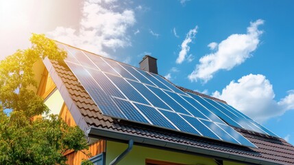 Wall Mural - a smart solar panel system, rooftop with panels generating energy and monitoring data, environmental