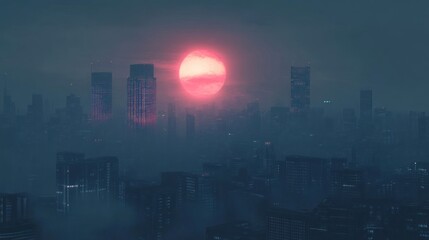 Aufkleber - Futuristic city skyline shrouded in fog with a large red sun.