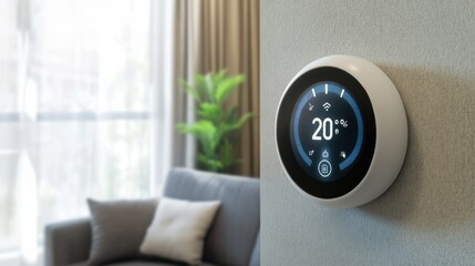 Wall Mural - a smart thermostat system, living room with smart thermostat adjusting home temperature, home-tech s
