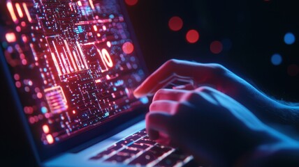 Programmer developing innovative software using futuristic holographic computer interface person's hand on a laptop, and neon holographic icons AI data visuals, futuristic technology