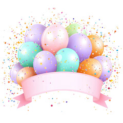 Wall Mural - festive balloons: a collection of colorful balloons with a pink ribbon banner. the balloons are in v