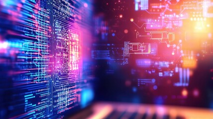 Programmer developing innovative software using futuristic holographic computer interface person's hand on a icons AI neon holographic laptop, and data visuals, futuristic technology