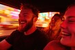 © Anton - Joyful friends laughing inside car, vibrant lights blurring in m