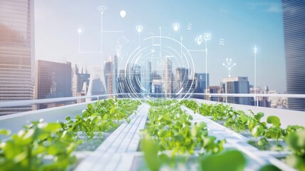 Wall Mural - a smart urban farming system, rooftop garden with hydroponic farming setup powered by iot, agri-tech