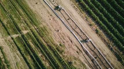 Wall Mural - a smart water irrigation system, agricultural field with smart irrigation pipes adjusting water flow