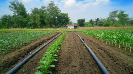 Wall Mural - a smart water irrigation system, agricultural field with smart irrigation pipes adjusting water flow