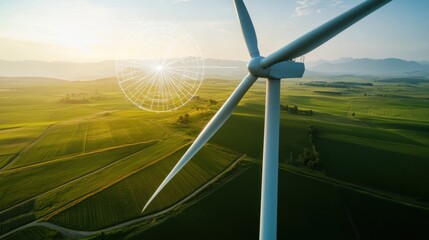 Wall Mural - a smart wind turbine, rural area with wind turbine generating energy, environmental-tech style