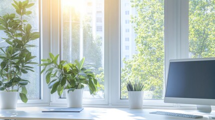 Wall Mural - a smart window tinting system, office with smart windows adjusting opacity based on sunlight, home-t