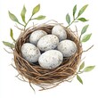 © Kantita - Delicate Nest Filled with Speckled Eggs a Watercolor Rendering of Springtime Renewal and Nature Harmony