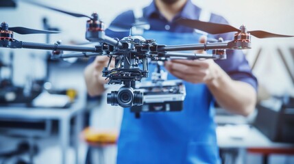 Wall Mural - a technician assembling a drone, visible propellers and drone components, clean workshop background