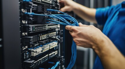 Wall Mural - a technician connecting cables to a server rack, visible cable management and server components, cle